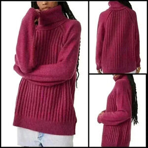 Free People Big City Oversized  Ribbed Knit Turtleneck In Mulberry Garnet Size M